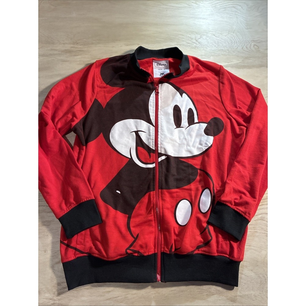 Disney Mickey Mouse Jacket XL Red Black White Full Zip Pockets Lightweight